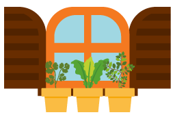 Ilustração de janela aberta com 3 vasos iguais com plantas diferentes